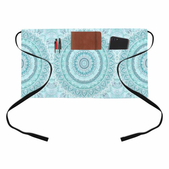 Bohemian Concentric Rings Kitchen Restaurant Half Waist Apron, Coastal Aqua Floral Texture Server Short Apron with 3 Pockets Waterproof Oil Waist Aprons for Women Waitress Waiter