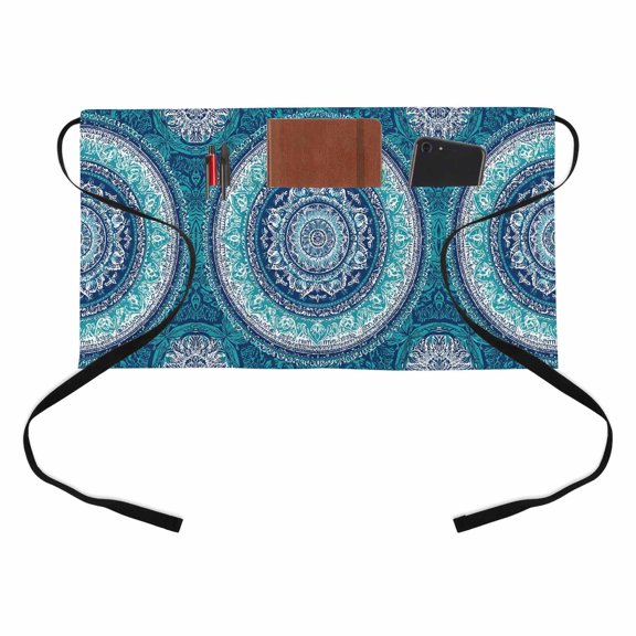 Bohemian Concentric Rings Kitchen Restaurant Half Waist Apron, Teal Green Floral Texture Server Short Apron with 3 Pockets Waterproof Oil Waist Aprons for Women Waitress Waiter