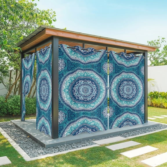Bohemian Concentric Rings Outdoor Curtains for Patio, Teal Green Floral Texture Sunshade Privacy Drapes Grommet Waterproof Outside Curtains for Porch/Cabana/Balcony 54"x 84", 1 Panel