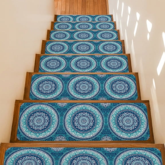 Bohemian Concentric Rings Stair Treads Non Slip for Steps Teal Green Floral Texture 4 Pcs Reusable Adhesive Stair Runner Mats for Dogs Elders Carpet Treads Rugs for Staircase 8x30 In
