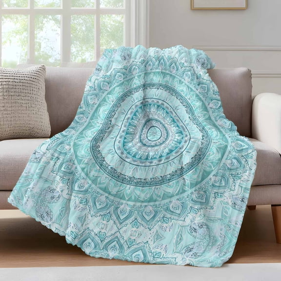 Bohemian Concentric Rings Throw Blanket for Couch Coastal Aqua Floral Texture Soft and Warm Flannel 3D Striped Fluffy Fuzzy Fleece Blanket Lightweight Throw for Bed, Sofa 40 x 50 Inches