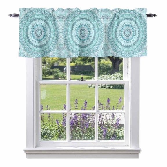 Bohemian Concentric Rings Valances for Windows, Coastal Aqua Floral Texture Rod Pocket Valance Short Window Treatments Curtains for Kitchen Bathroom Bedroom Decor, 42 x 12 Inches