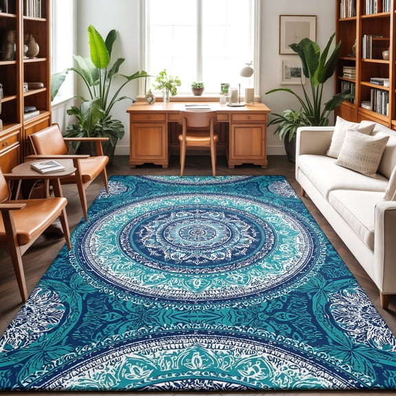 Bohemian Concentric Rings Washable Area Rug 6 x 9 ft Teal Green Floral Texture, Soft Non Slip Rugs Stain Repellent Indoor Felt Carpet for Living Dining Room Bedroom Home Office