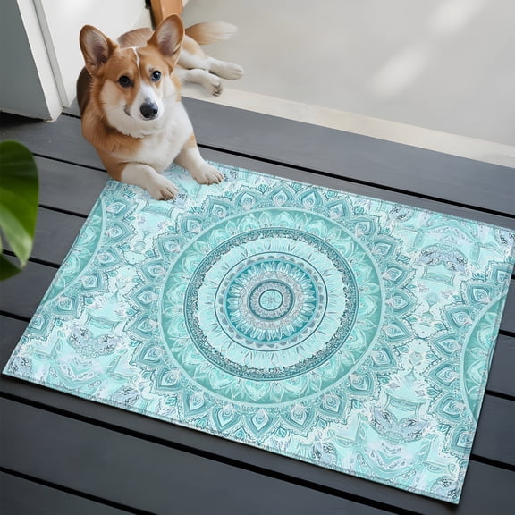 Bohemian Concentric Rings Washable Entry Rug 2x3 Coastal Aqua Floral Texture Low Pile Indoor Door Mat with Rubber Backing Thin Area Rug for for Entrance, Bedroom, Kitchen, Laundry, Bathroom