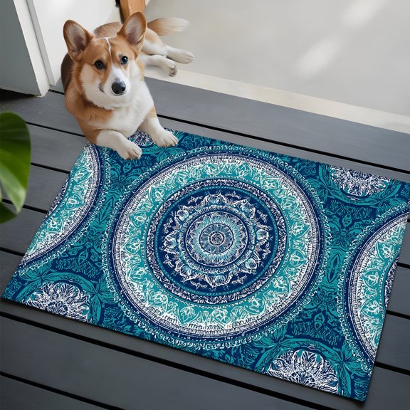 Bohemian Concentric Rings Washable Entry Rug 2x3 Teal Green Floral Texture Low Pile Indoor Door Mat with Rubber Backing Thin Area Rug for for Entrance, Bedroom, Kitchen, Laundry, Bathroom