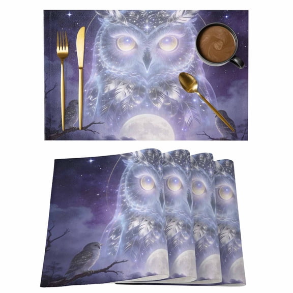 Bohemian Cotton Linen Placemats Set of 12, Watercolor Owl Fantasy Moon Forest Tree Natural Scenery Washable Table Place Mats Heat Insulating Placemat for Dining Room Kitchen Daily Use 13 x 19 Inch