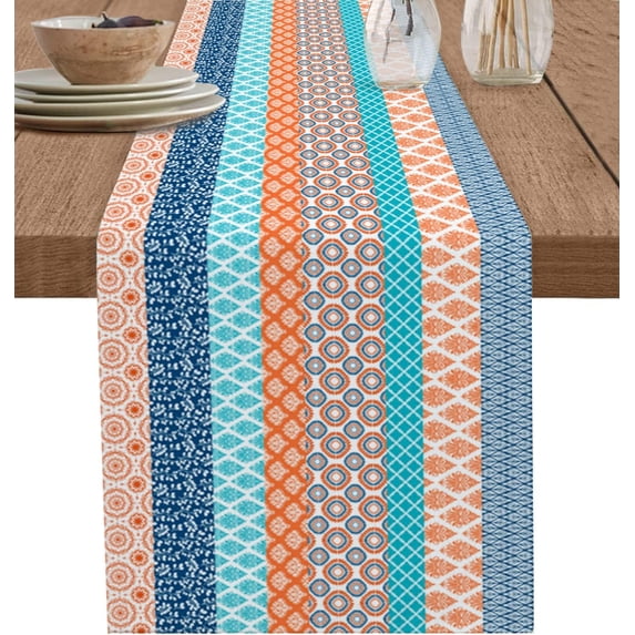 Bohemian Cotton and Linen Table Runner, Kitchen Table Runners for Family Dinner, Banquet, Parties and Celebrations, Geometric Stripe Orange Blue Turquoise Table Decor, 13.8 x 71 inch