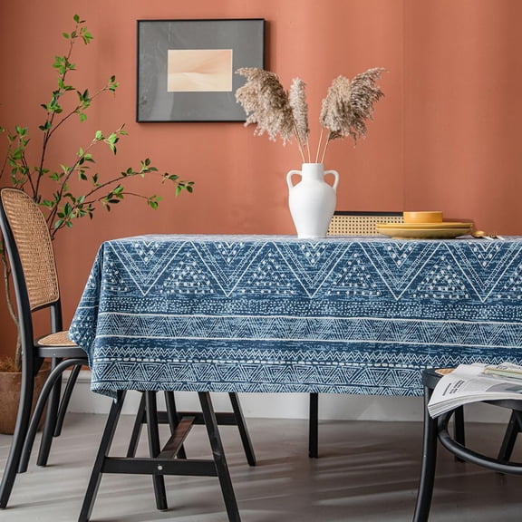 Bohemian Cotton Linen Tablecloth Boho Geometric Print Tribe Table Cover Farmhouse Rectangle/Oblong Tablecloth for Kitchen Dining Party Tabletop Decoration (Blue,60"x84")