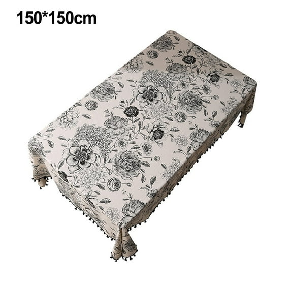 Bohemian Cotton Linen Tablecloth with Peony Print and Tassels for Dining Room 150*150