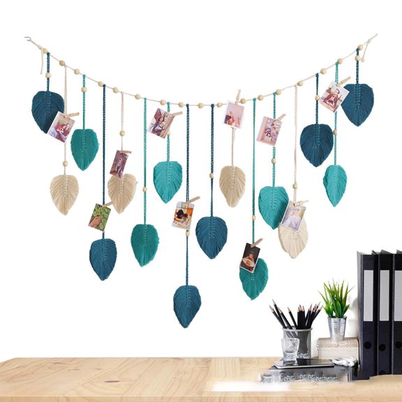 Bohemian Cotton Rope Hand-Woven Wooden Beads Leaves,Wall Hanging Aesthetic Leaf Hand-Woven Pendant for Bedroom Living Room Background Decorations (Blue)