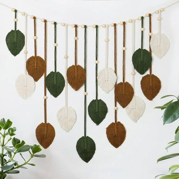 Bohemian Cotton Rope Hand-Woven Wooden Beads Leaves,Wall Hanging Aesthetic Leaf Hand-Woven Pendant for Bedroom Living Room Background Decorations (Green&Brown)