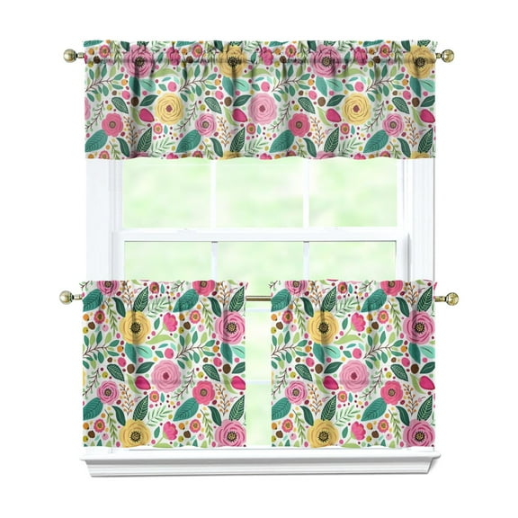 Bohemian Country Curtains 24" Short - 3 Panel Floral Rustic Set with Vintage Botanicals, Rod Pocket Window