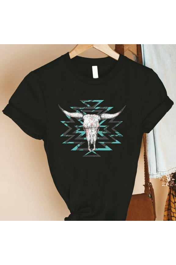 Bohemian Cow Skull T-Shirt, Aztec Print Shirt, Boho Western Shirt, Texas Vacation Shirt, Cowboy Shirt, Rodeo Gift Shirt, Western Vibes Tee