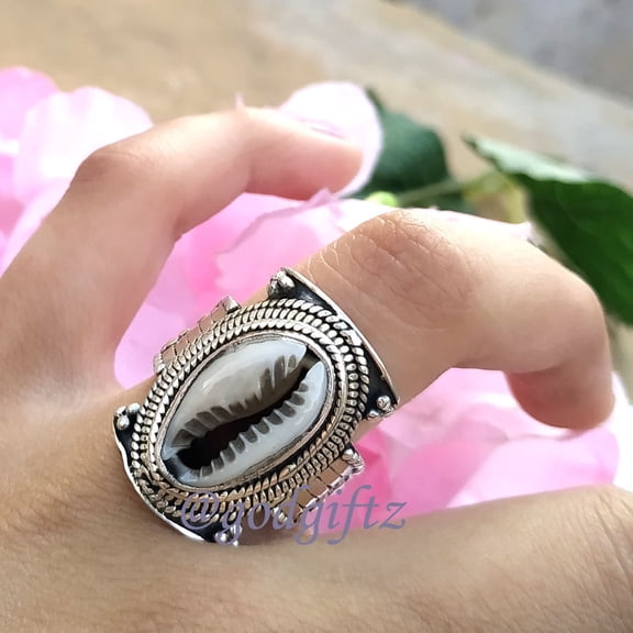Bohemian Cowrie Shell Ring: Handcrafted 925 Sterling Silver