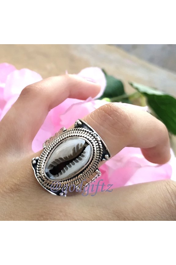 Bohemian Cowrie Shell Ring: Handcrafted 925 Sterling Silver