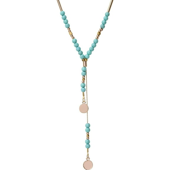 Bohemian Created Turquoise Necklace for Women, Vintage Boho Gold Plated Chain Created Turquoise Bead Y Necklace, Boho Jewelry Gift for Women