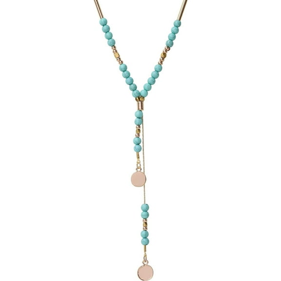 Bohemian Created Turquoise Necklace for Women, Vintage Boho Gold Plated Chain Created Turquoise Bead Y Necklace, Boho Jewelry Gift for Women