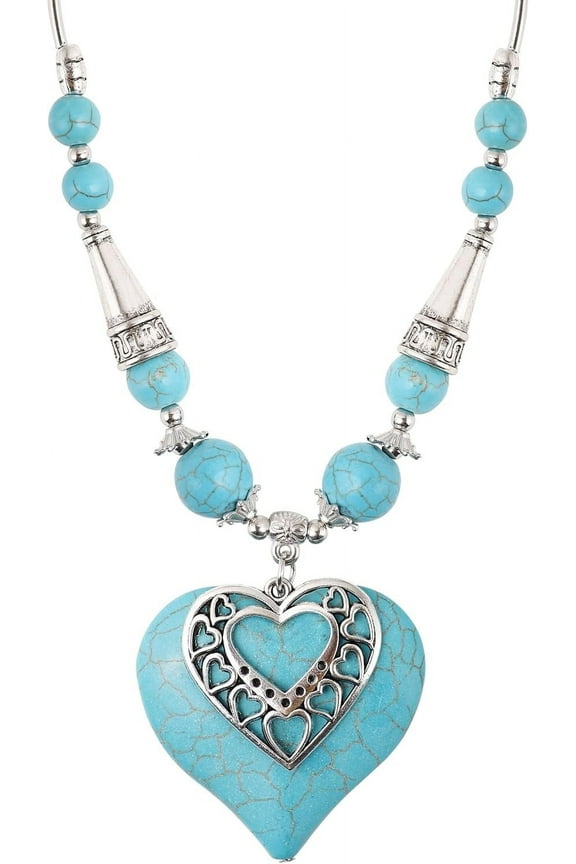 Bohemian Created Turquoise Teal Heart Necklace, Vintage Boho Summer Beach Jewelry Gift for Women