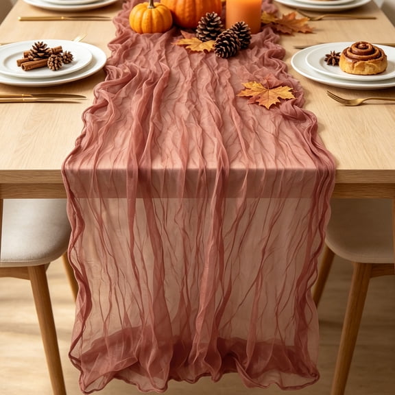 Bohemian Crinkled Pleated Chiffon Table Runner 90×180cm for Thanksgiving Fall Wedding Party Table Decor, Dusty Pink