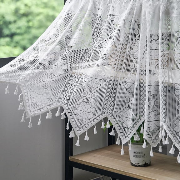 Bohemian Crochet Curtain,Vintage Rod Pocket Valance with Tassels Curtains for Bedroom Farmhouse Decor White(52Wx24L)