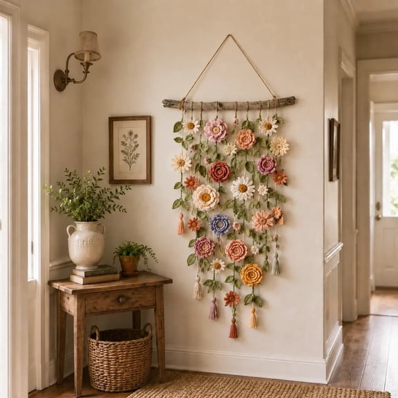 Bohemian Crochet Flower Hanging Decoration - Handcrafted Artisanal Wall Decor for Home, Office, and Cafes - Eco-Friendly and Versatile Design to Brighten Up Any Space
