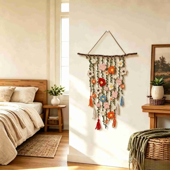 Bohemian Crochet Flower Hanging Decoration, Handcrafted Macrame Wall Hanging for Home Boho Decor