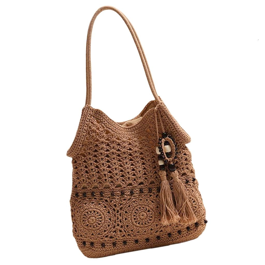 Bohemian Crochet Shoulder Bag for Women Handbag Summer Beach Bag with Tassels