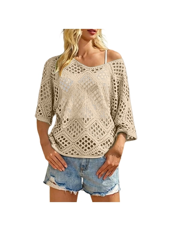 Bohemian Crochet Tops For Women Knit Tops For Women Summer Sweaters For Women Batwing Tops For Women Mesh Cover Up Short Sleeve Cover Up Open Weave Sweaters For Women Over The Shoulder Sweater