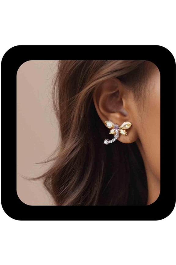 Bohemian Crystal Dragonfly Earrings Silver Cz Paved Dragonfly Earrings Yellow Topaz Dragonfly Stud Earrings Rhinestone Dragonfly Earrings Jewelry for Women