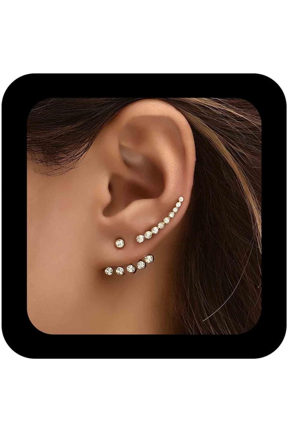 Bohemian Crystal Ear Jacket Earrings - Climber Studs, Silver Rhinestone, CZ Front Back Two Ways Set - Jewelry for Women