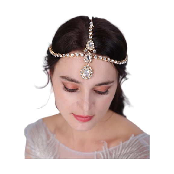 Bohemian Crystal Head Chain Rhinestone Teardrop Forehead Chain Belly Dancer Jewelry Wedding Headpiece Prom Party Festival Hair Accessories for Women (Gold)