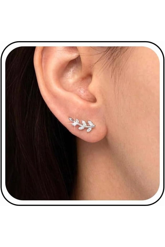 Bohemian Crystal Leaf Climber Earrings Silver Rhinestone Leaf Stud Earrings Minimalist Cz Leaf Earrings Sparkle Leaf Crawler Earrings Jewelry for Women Gifts