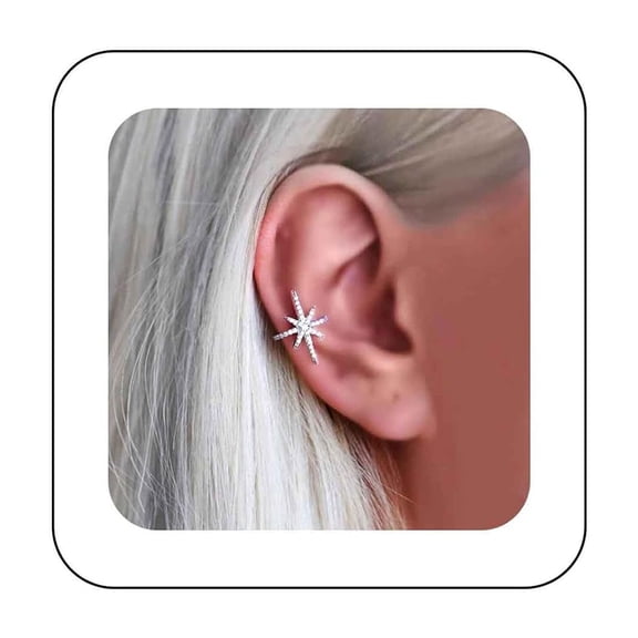 Bohemian Crystal Northstar Cuff Earrings Silver Cz Star Cartilage Earring Cz North Star Ear Cuff Earring Tiny Rhinestone Stars Cartilage Cuff Earrings Non Pierced Clip on Earrings Jewelry