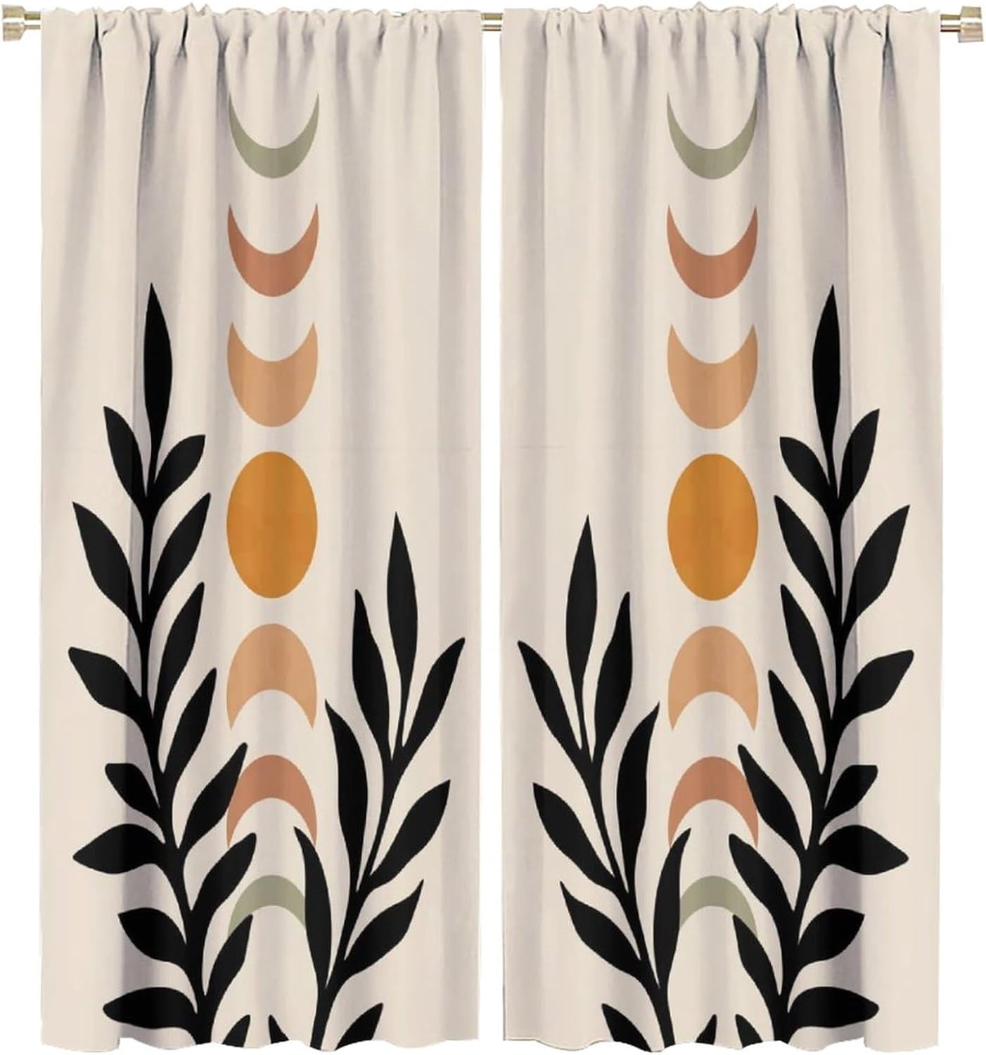 Bohemian Curtain Mid Century Boho Moon Phase Plants Blackout Print Rod ...