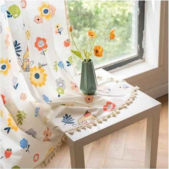 Bohemian Curtains Semi-Blackout Drapes Cotton Linen Farmhouse Curtain Panels for Living Room Bedroom, 2 Panel, W59.06 x L94.49, Grommets Design.