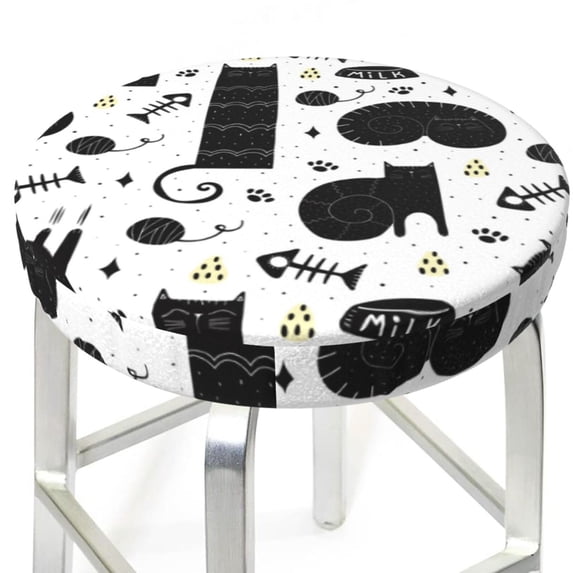 Bohemian Cute Cat Fishbone Round Bar Stool Seat Covers, Elastic Round Chair Cover Stool Seat Slipcover Bar Stool Cushions Round Pad for 12-14 inch