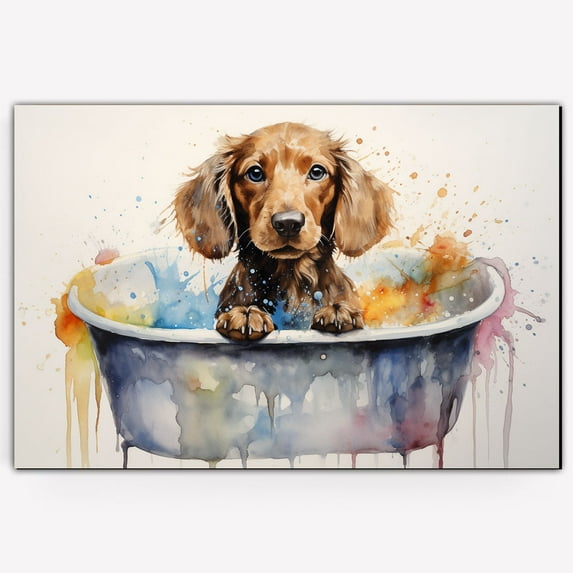 Bohemian Cute Dog Cat in Bathtube Pictures Painting Prints, Funny Colorfull Animals Bathroom Wall Decor Pet Artworks Pet Gift Ready To Hang, Canvas Wall Art