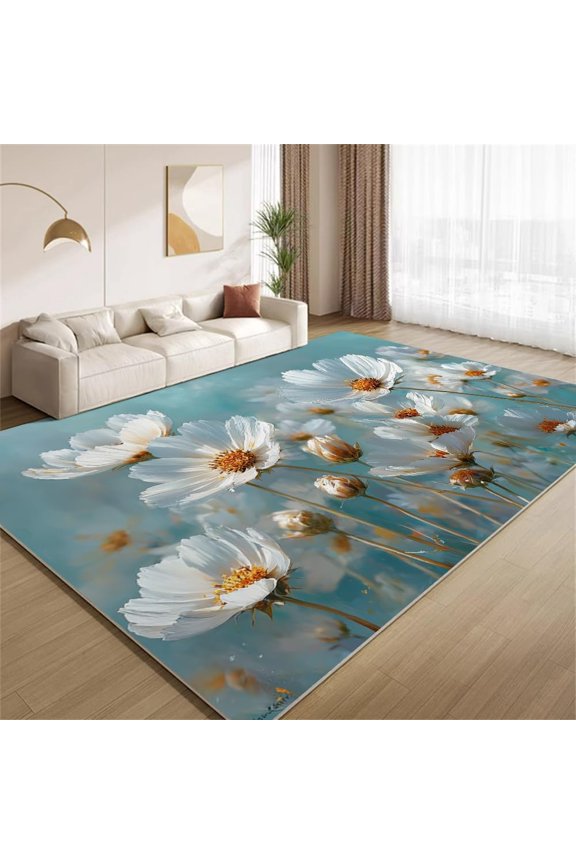 Bohemian Daisy Floral Area Rugs, High Definition Flower Carpet, Washable Non Slip Low Pile Soft Rug for Entryway Bedroom Decor Mat 5ftx6ft