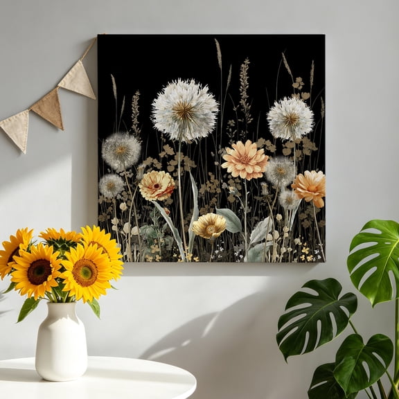 Bohemian Dandelion Daisy Canvas Wall Art, Boho Country Vintage Flower Leaf Framed Canvas Wall Decor Picture Print Artwork Decorations for Living Room Office Ready to Hang 8" x 8"