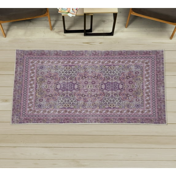 Bohemian Decorative Rug, Ethnic and Asian Design Mandala Inspired Boho Art Flower Blossoms, Quality Carpet for Bedroom Dorm and Living Room, 6 Sizes, Purple Grey, by Ambesonne