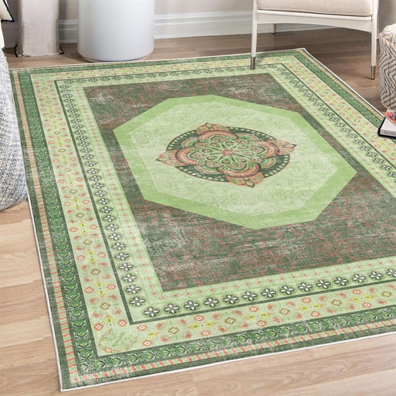 Bohemian Decorative Rug, Mandala Like Floral Medallion Motif Geometric Forms and Spring Flowers Art, Quality Carpet for Bedroom Dorm and Living Room, 6 Sizes, Pistachio Green, by Ambesonne
