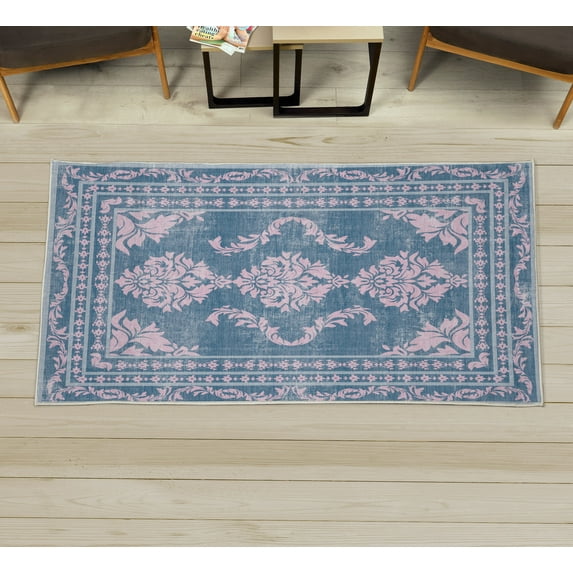 Bohemian Decorative Rug, Vintage Damask of Swirling Floral Motifs Boho Ethnic Forms and Shapes, Quality Carpet for Bedroom Dorm and Living Room, 6 Sizes, Baby Pink and Dark Blue, by Ambesonne