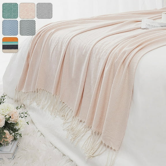 Bohemian Decorative Throw Blanket With Fringes In Diamond Design,Farmhouse Outdoor Cotton Throws For Sofa, Chair, Bed Pink
