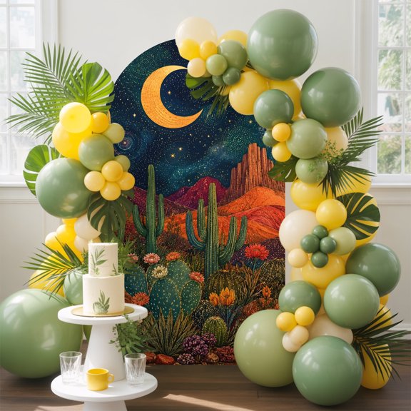 Bohemian Desert Arch Backdrop Cover, 4FT, Mystical Night Tropical Canyons Cactus Flowers Moon Spandex Arch Covers Double-Sided Backdrop for Wedding Birthday Party Photo Background Decoration