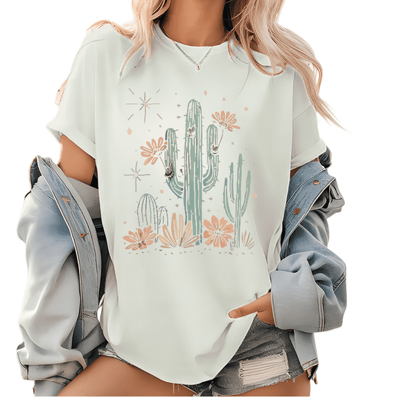 Desert Cactus Graphic T-Shirt - Southwestern Plant Print Tee, Women's Distressed Vintage Western Tops, Breathable Summer Short Sleeve Shirt for Adventure