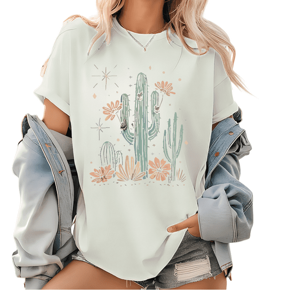 Bohemian Desert Graphic Tee - Vintage Cactus & Sunset Design, Women's Western Style Summer Tops