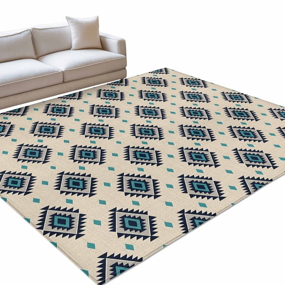 Bohemian Diamond Pattern Area Rugs 3x5ft Boho Tribal Farmhouse Beige Teal Ethnic Motifs Plaid Floor Rug Non Slip Low Pile Ultra Soft Throw Carpet for Entryway Indoor Entrance Kitchen Bathroom