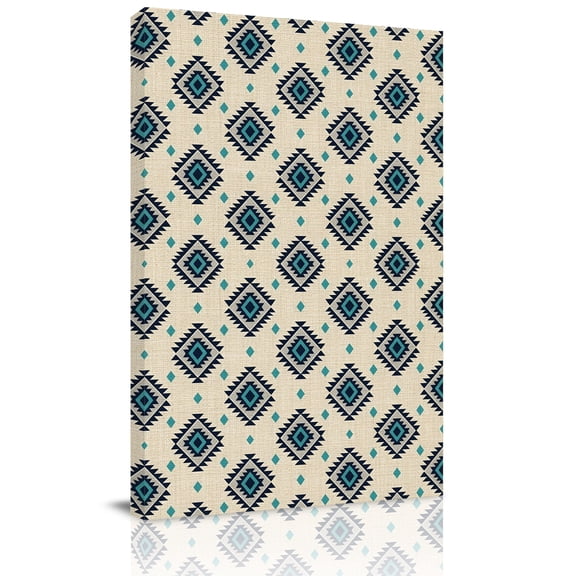 Bohemian Diamond Pattern Canvas Wall Art for Living Room, Boho Tribal Farmhouse Beige Teal Ethnic Motifs Plaid Wall Decor Framed Artwork Pictures Ready to Hang for Bedroom Office Home Decor