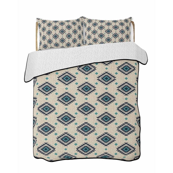 Bohemian Diamond Pattern Quilts Bedding Set California King Boho Tribal Farmhouse Beige Teal Ethnic Motifs Plaid Quilted Bedspread 3 Piece Bed Quilt with 2 Pillow Shams for Bedroom 96" x 106"