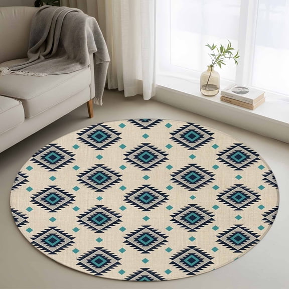 Bohemian Diamond Pattern Round Rugs for Living Room 3ft Boho Tribal Farmhouse Beige Teal Ethnic Motifs Plaid Non Slip Circle Rug Washable Low-Profile Indoor Carpet for Bedroom, Dining Room, Bathroom